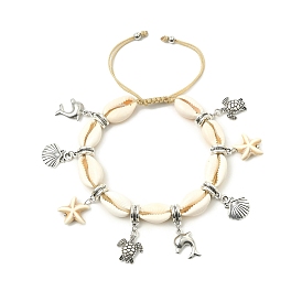 Dolphin & Tortoise Alloy & Synthetic Turquoise Starfish Charm Bracelet, Natural Shell Adjustable Bracelet