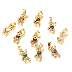 Brass Clear Cubic Zirconia Pendants, Long-Lasting Plated, Real 18K Gold Plated, Bear