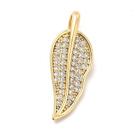 Brass Micro Pave Clear Cubic Zirconia Pendants, Leaf Charm, Real 18K Gold Plated