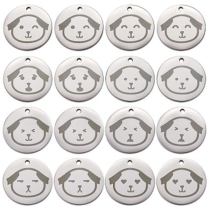 16Pcs 8 Style Stainless Steel Pendants, Manual Polishing, Flat Round with Dog