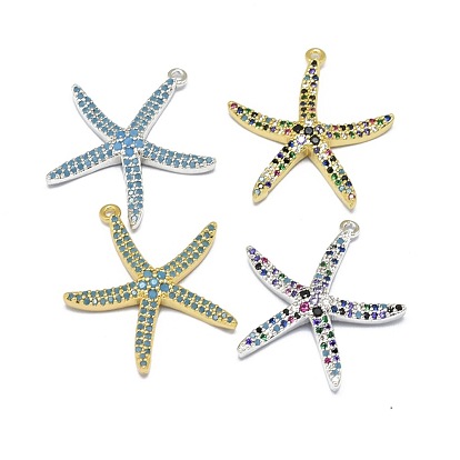 Alloy Micro Pave Cubic Zirconia Pendants, Long-Lasting Plated, Starfish/Sea Stars