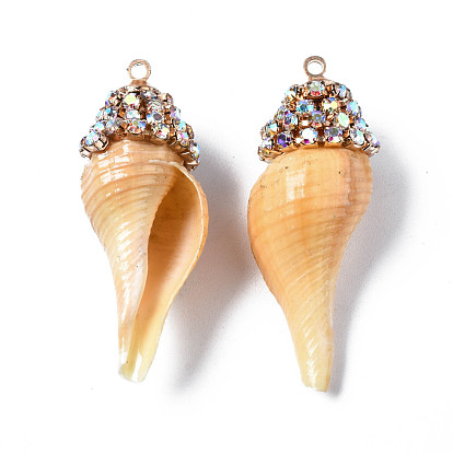 Natural Sea Shell Pendants, with Rhinestone Cup Chain and Golden Brass Loops