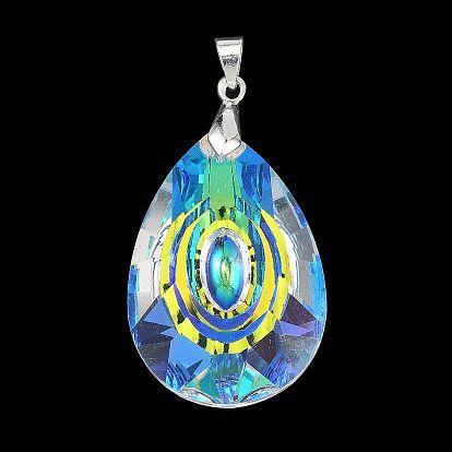 Цвет AB покрытием стеклянные подвески, слезинки, с серебряными латунными зажимными скобами, граненые