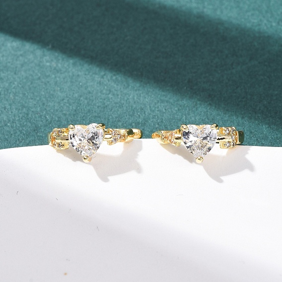 Серьги-манжеты в форме сердца из латуни с микропаве из прозрачных кубических цирконий, долговечный, стойки покрытие, без свинца и без кадмия