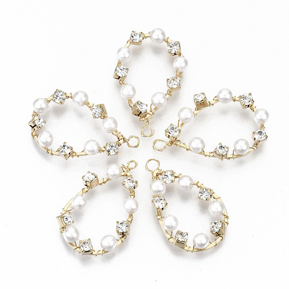 Brass Micro Pave Cubic Zirconia Pendants, with ABS Plastic Imitation Pearl Beads, Nickel Free, Teardrop, Real 18K Gold Plated