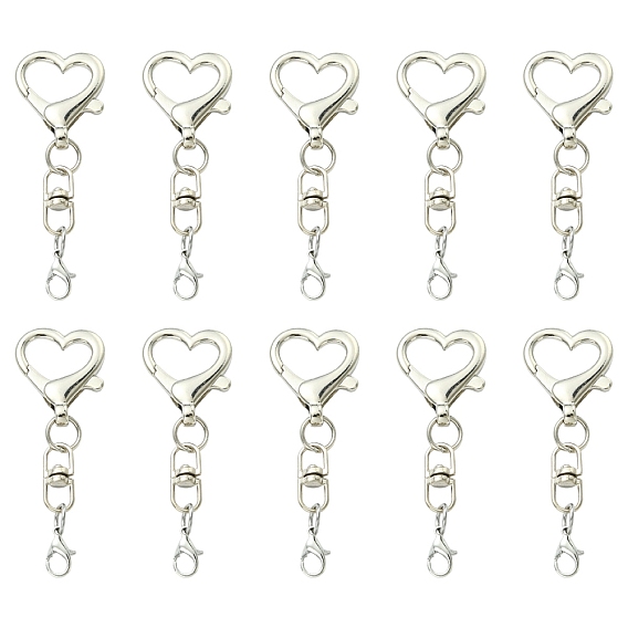 10Pcs Heart Alloy Lobster Claw Clasps Keychain Clasps, with Double Ended Swivel Eye Hook