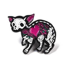 Скелет кота с эмалевой булавкой в виде сердца на хэллоуин, значок из сплава животных для рюкзака, электрофорез черный