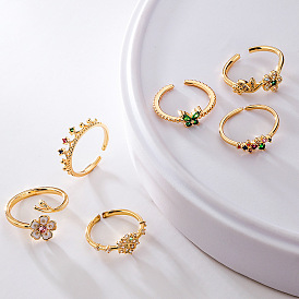 Gold-Plated Geometric Flower Ring with Zircon Stones for Women