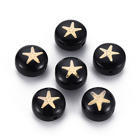 Handmade Lampwork Beads, with Golden Plated Brass Etched Metal Embellishments, Flat Round with Star