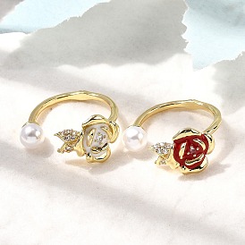 Латунные микро проложить манжеты кольца кубического циркония, цветок, Эмаль стиле, с абс пластмассовыми жемчужными бисером, стойки покрытие, долговечный, без кадмия и без свинца, реальный 18 k позолоченный