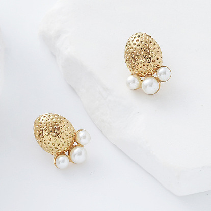 304 из нержавеющей стали серьги, с имитацией жемчуга, овальный с фактурой, обработанный молотком