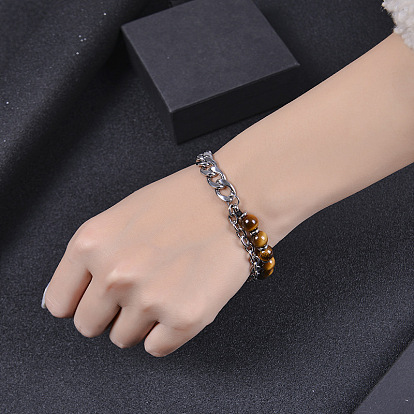 Men's Stainless Steel Double-layered Tiger Eye Stone Bracelet with Natural Stone Beads Chain