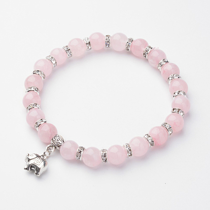 Natural Gemstone Charm Bracelets, Stretch Bracelets, with Alloy Elephant Pendants, Antique Silver