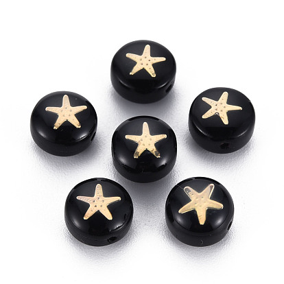 Handmade Lampwork Beads, with Golden Plated Brass Etched Metal Embellishments, Flat Round with Star