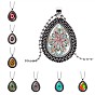 Glass Teardrop with Mandala Flower Pendant Necklace with Ball Chains, Platinum Alloy Jewelry for Women