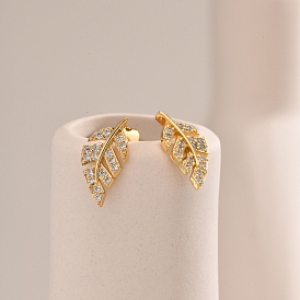 Brass Micro Pave Clear Cubic Zirconia Stud Earrings for Women, Leaf