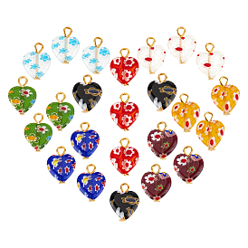 24шт 8цвета подвески из стекла миллефиори, сердце, с золотой железной петлей