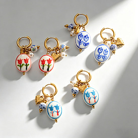 304 Stainless Steel Hoop Earrings, Hand Printed Porcelain & Plastic Pearl Dangle Earrings, Oval with Flower, Golden