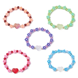 Bracelets extensibles en argile polymère à fleurs faits à la main, Bracelets en perles de cœur en verre craquelé pour femmes