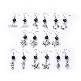 Alloy Dangle Earrings, with Glass Beads and Brass Earring Hooks, Mixed Shapes