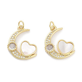 Brass Micro Pave Clear Cubic Zirconia Pendants, with Shell and Jump Rings, Real 18K Gold Plated, Moon with Heart Charms