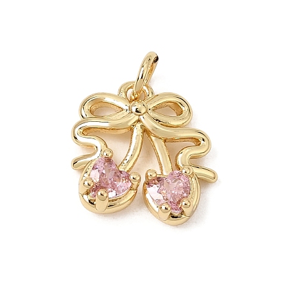 Brass Micro Pave Cubic Zirconia Charms, Cherry Charms, Rack Plating, Long-Lasting Plated, Cadmium Free & Lead Free, Real 18K Gold Plated