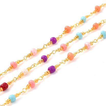 Handmade Glass Beaded Chains, with Brass Cable Chain, Long-Lasting Plated, Unwelded, with Spool, Rondelle, Golden