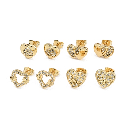 Женские серьги-гвоздики из латуни с микропаве и прозрачным кубическим цирконием, сердце