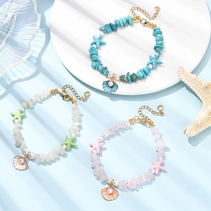 3Pcs Natural Moonstone & Rose Quartz & Synthetic Turquoise Chips & Shell Pearl Beads Bracelets Sets, Zinc Alloy Enamel Shell Charm Bracelets