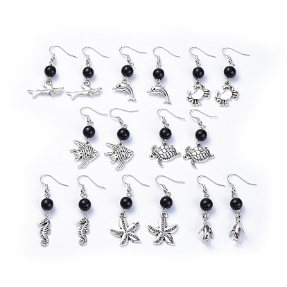 Alloy Dangle Earrings, with Glass Beads and Brass Earring Hooks, Mixed Shapes