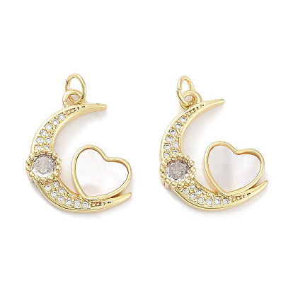Latón micro pavimenta claro colgantes de circonio cúbico, sin plomo y cadmio, con cáscara y anillos de salto, real 18 k chapado en oro, Luna con dijes de corazón.