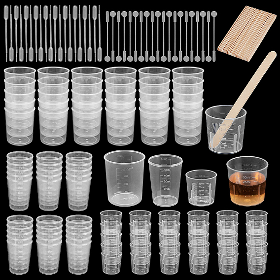 90шт. 3 типов пластиковых мерных стаканчиков с 20шт. одноразовых пластиковых пипеток для переноса, березовые деревянные палочки для мороженого и пластиковые палочки для перемешивания