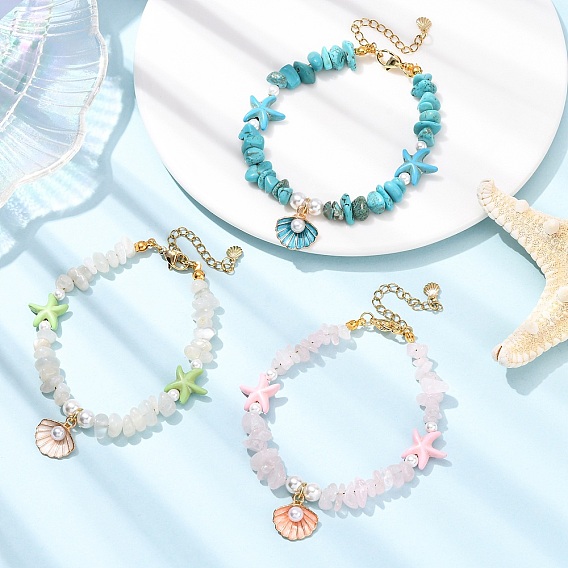 3Pcs Natural Moonstone & Rose Quartz & Synthetic Turquoise Chips & Shell Pearl Beads Bracelets Sets, Zinc Alloy Enamel Shell Charm Bracelets