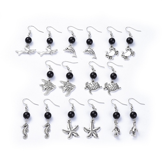 Alloy Dangle Earrings, with Glass Beads and Brass Earring Hooks, Mixed Shapes