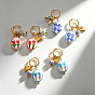 304 Stainless Steel Hoop Earrings, Hand Printed Porcelain & Plastic Pearl Dangle Earrings, Oval with Flower, Golden