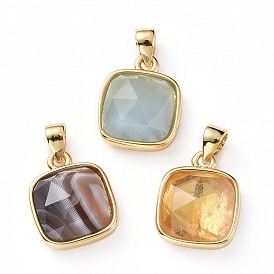 Natural Gemstone Charms, with Golden Plated Brass Findings, Faceted Square