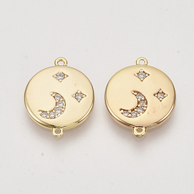 Brass Cubic Zirconia Links/Connectors, Real 18K Gold Plated, Flat Round with Moon & Star, Clear, Nickel Free