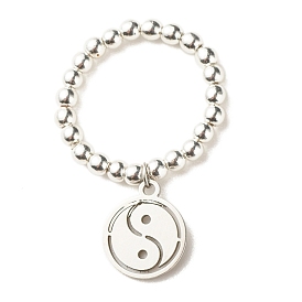 Anillo de dedo con cuentas redondas de hematita sintética con dijes yin yang de acero inoxidable, joyas de piedras preciosas para mujeres