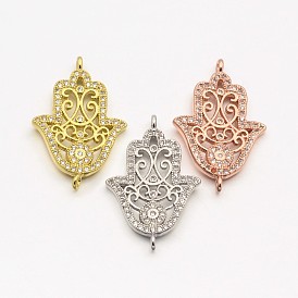 Cz laiton micro pave aaa zircone cubique hamsa main / main de fatima / main de miriam liens, sans plomb & sans nickel & sans cadmium , 25x17x2mm, Trou: 1mm