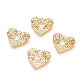 Brass Micro Pave Cubic Zirconia Pendants, Long-Lasting Plated, Heart, Real 18K Gold Plated