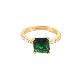 Rectangle Glass Adjustable Ring with Cubic Zirconia, Real 18K Gold Plated Brass Jewelry for Women, Cadmium Free & Lead Free