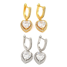 Rack Plating Brass Micro Pave Cubic Zirconia Hoop Earrings, Heart Dangle Earrings for Women
