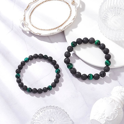 2 шт. 2 цвета: натуральная лава и окрашенный зеленый тигровый глаз, наборы круглых тянущихся браслетов, парные браслеты для мужчин и женщин