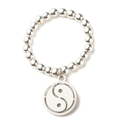 Anillo de dedo con cuentas redondas de hematita sintética con dijes yin yang de acero inoxidable, joyas de piedras preciosas para mujeres