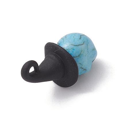 Synthetic Turquoise Dyed Pendants, Halloween Skull Charms with Black Alloy Witch Hat