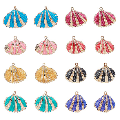 16Pcs 8 Colors Spray Paint & Electroplate Sea Shell Pendants, with Light Gold Iron Findings