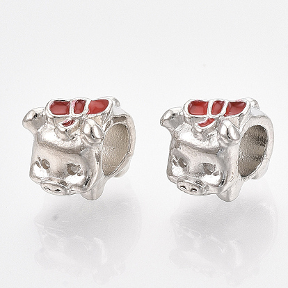 Сплавочные европейские бусины, красной эмалью, бусины с большим отверстием, поросенок с бантом