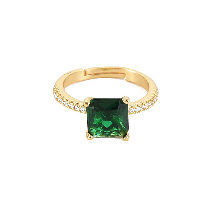 Rectangle Glass Adjustable Ring with Cubic Zirconia, Real 18K Gold Plated Brass Jewelry for Women, Cadmium Free & Lead Free