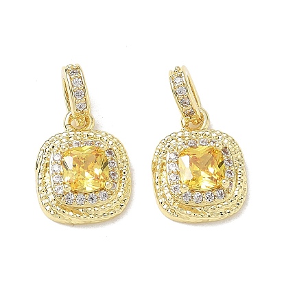 Brass Micro Pave Yellow Cubic Zirconia Charms, Square Charms, Long-Lasting Plated, Rack Plating, Lead Free & Cadmium Free