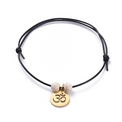 Conjuntos de pulseras de cordón de cuero de vaca ajustables unisex, con cuentas redondas de turquesa sintética (teñidas) y 304 dijes de acero inoxidable, plano y redondo con ohm